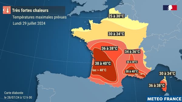 Les températures pourraient atteindre les 40°C localement ce lunid 29 juillet 2024, selon Météo France