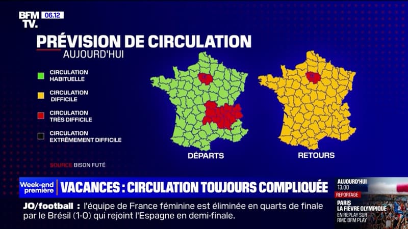 Jaune dans le sens des retours, vert dans dans le sens des départs... les conditions de circulation pour ce dimanche de chassé-croisé