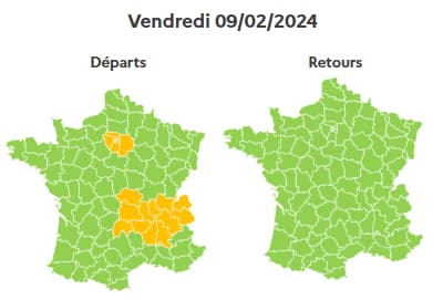 Une journée orange dans le sens des départs en Ile-de-France et Auvergne-Rhône-Alpes.