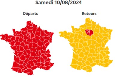 La journée de samedi est classée rouge au niveau national dans le sens des départs, orange pour les retours à l'exception de l'Ile-de-France, en rouge.