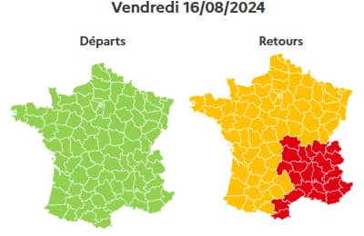 La journée est classée orange au niveau national dans le sens des retours et même rouge en Auvergne-Rhône-Alpes et sur la Côte d'Azur.