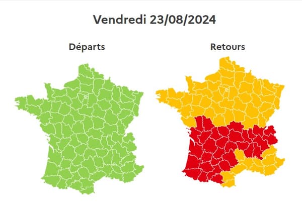 Ce vendredi 23 août 2024 est classé rouge dans une moitié sud du pays dans le sens des retours.