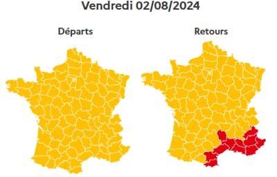 La journée est classée orange au niveau national, rouge sur la Côte d'Azur dans le sens des retours.