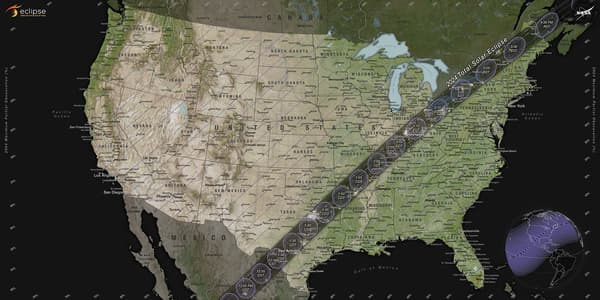 En gris, la trajectoire sur laquelle l'éclipse totale sera visible en Amérique du Nord, le 8 avril 2024.